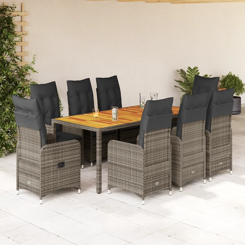 vidaXL Set Bistrò da Giardino 9 pz con Cuscini in Polyrattan Grigio