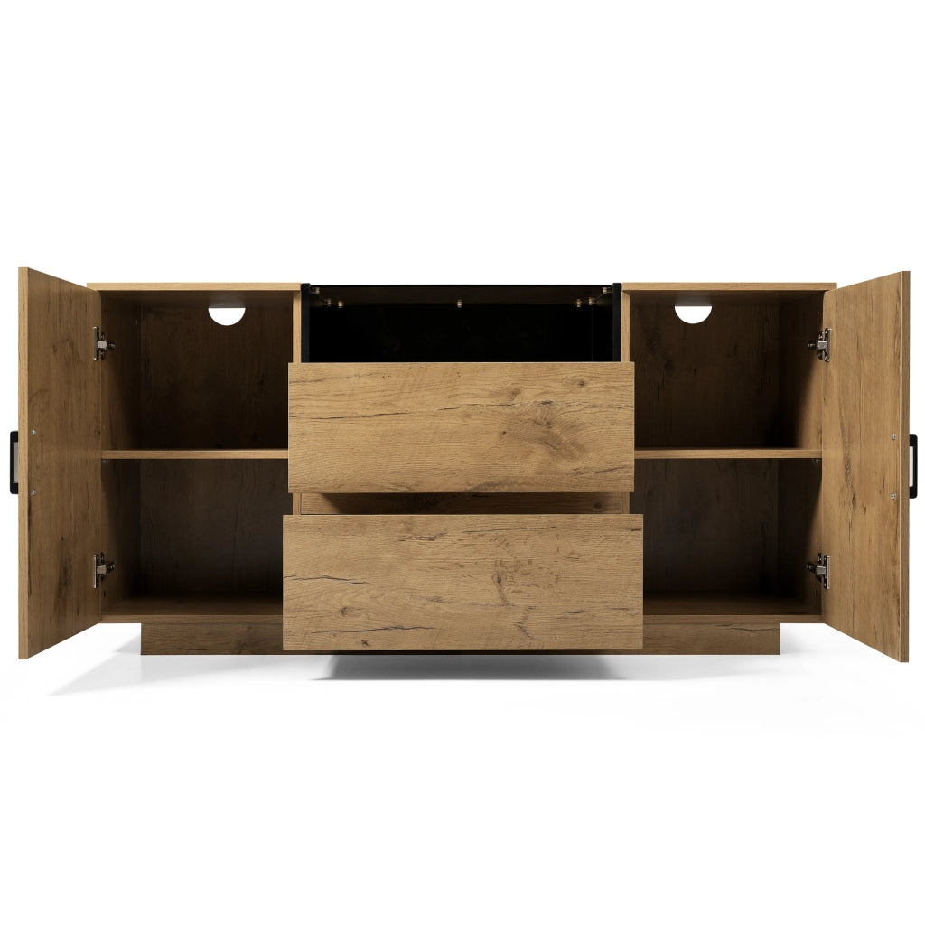 Credenza in finitura rovere con 2 cassetti, 2 ante e vano aperto, H70 L140 P40 cm