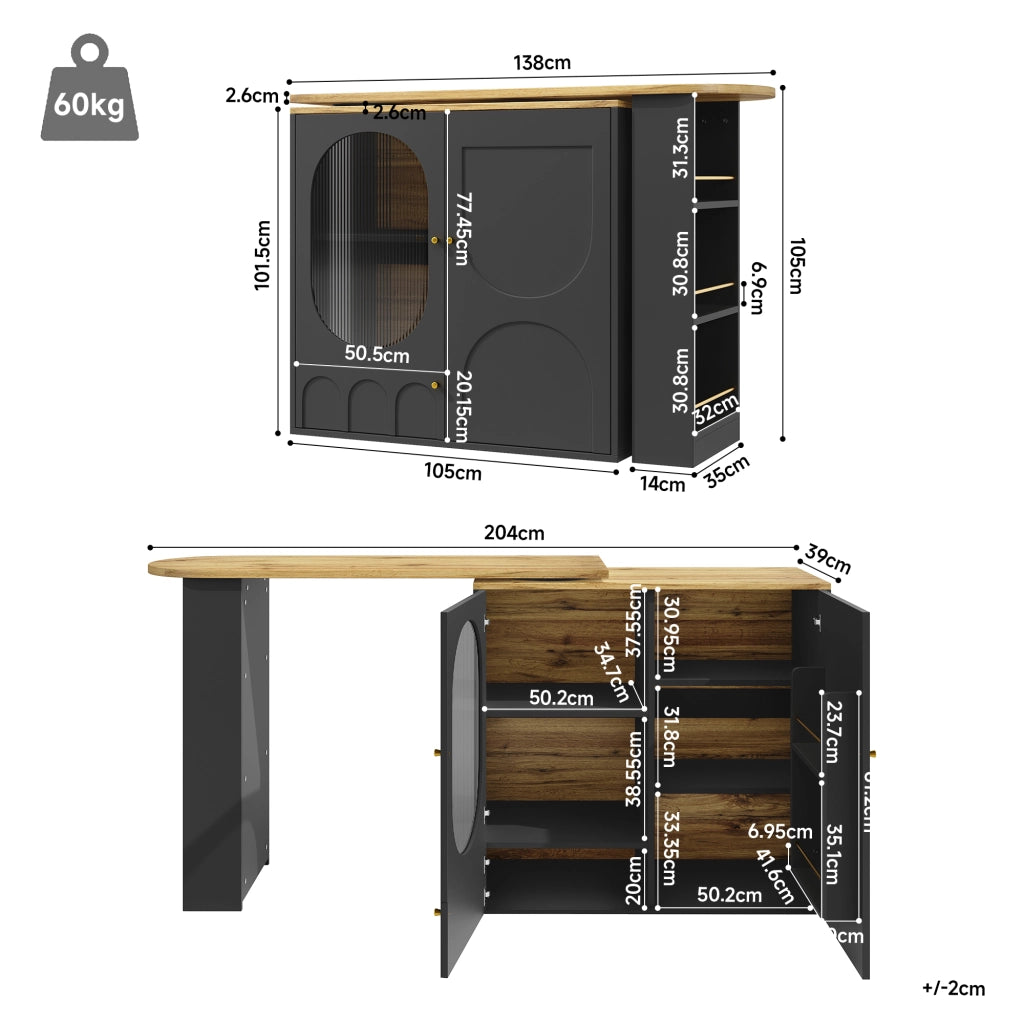 Carrello da Cucina con 3 Ante e Piano Girevole a 360°; Portasciugamani e Portaspezie; in MDF e Metallo; Nero; 138x39x105 cm