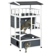 Casetta per Gatti in Legno per Esterni con Terrazza, Cuccia per Gatti a 4 Piani con Scala, Tetto in Asfalto, Resistente alle Intemperie, Casa per Piccoli Animali, 75,5 x 75 x 137 cm, Grigio