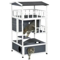 Casetta per Gatti in Legno per Esterni con Terrazza, Cuccia per Gatti a 4 Piani con Scala, Tetto in Asfalto, Resistente alle Intemperie, Casa per Piccoli Animali, 75,5 x 75 x 137 cm, Grigio