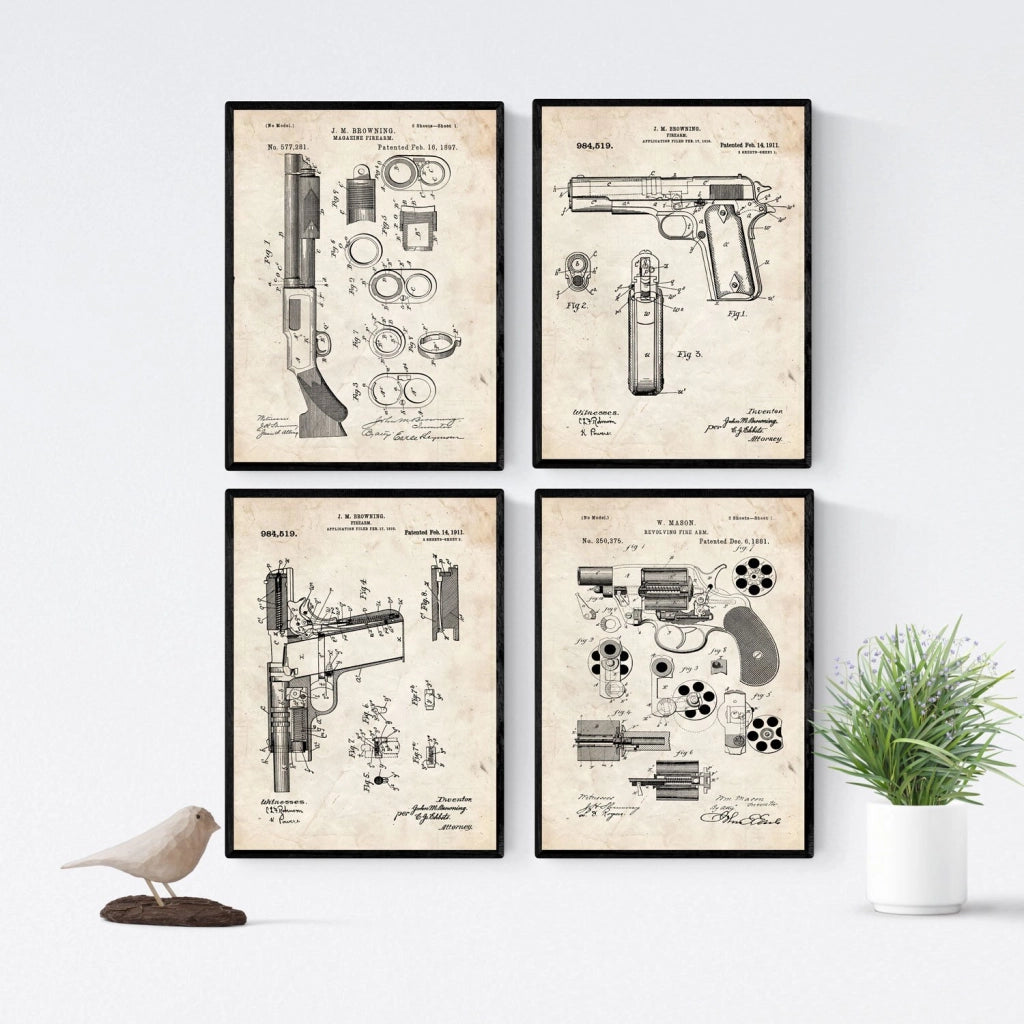 4 poster vintage con illustrazioni di brevetti, formato A4, carta da 250 g, finitura opaca