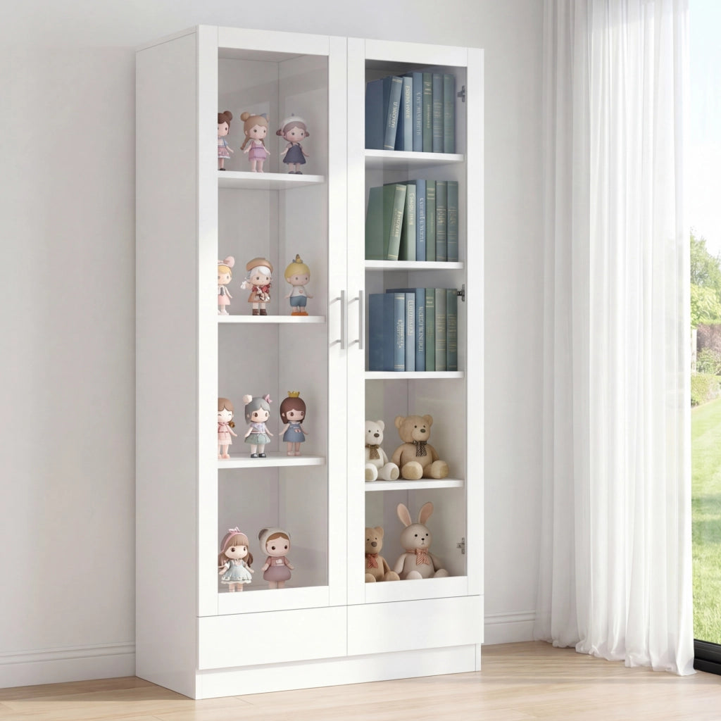 Armadio vetrina bianco con 2 cassetti, ripiani regolabili e vetri temperati, 160x40x80 cm