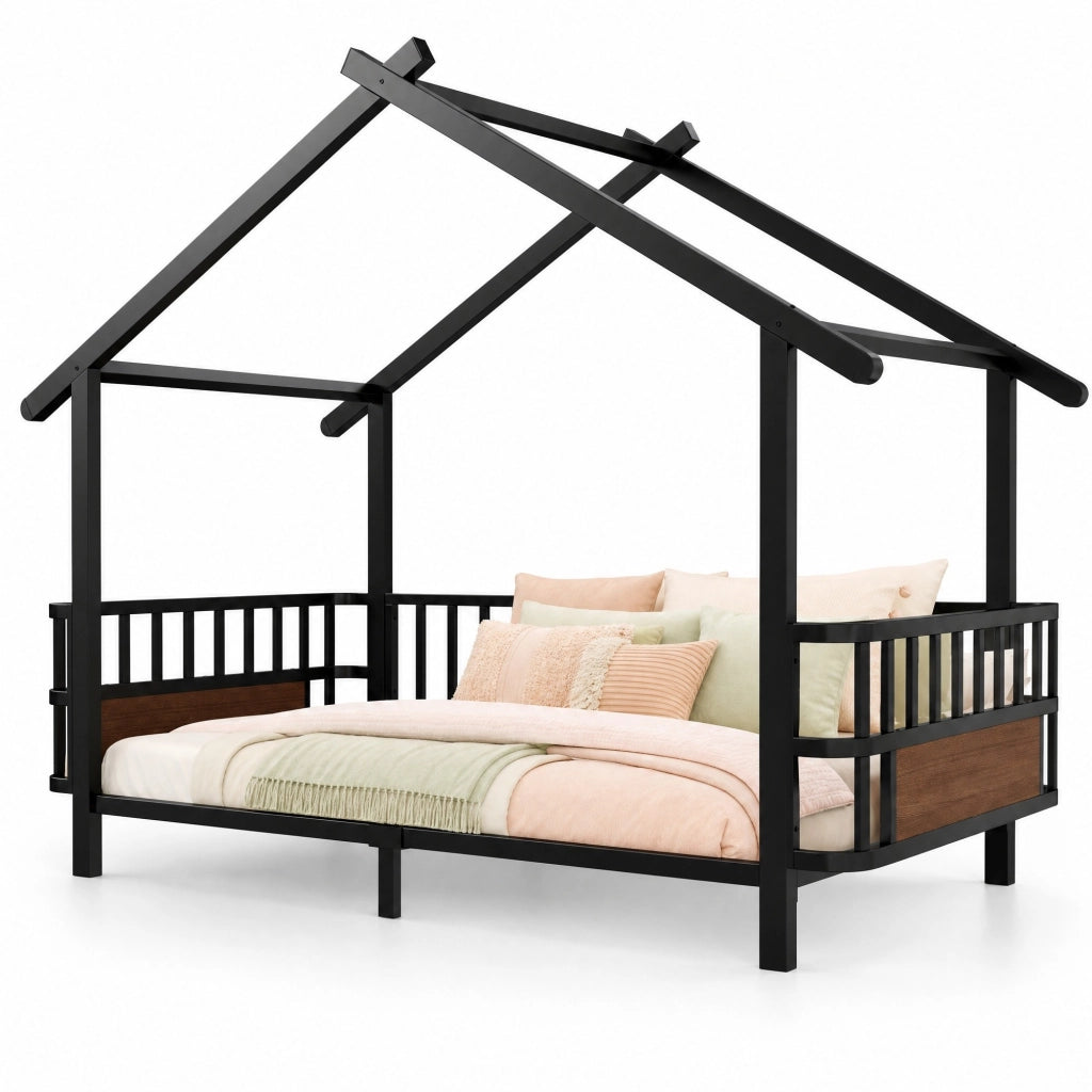 Letto per bambini a casetta 90x200 cm in metallo nero; con sponde di sicurezza e tetto decorativo