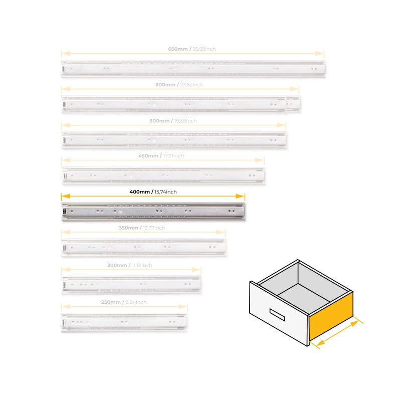 Set di guide a sfera per cassetti a estrazione totale, altezza 45 mm, lunghezza 450 mm, Acciaio, Zincato bianco