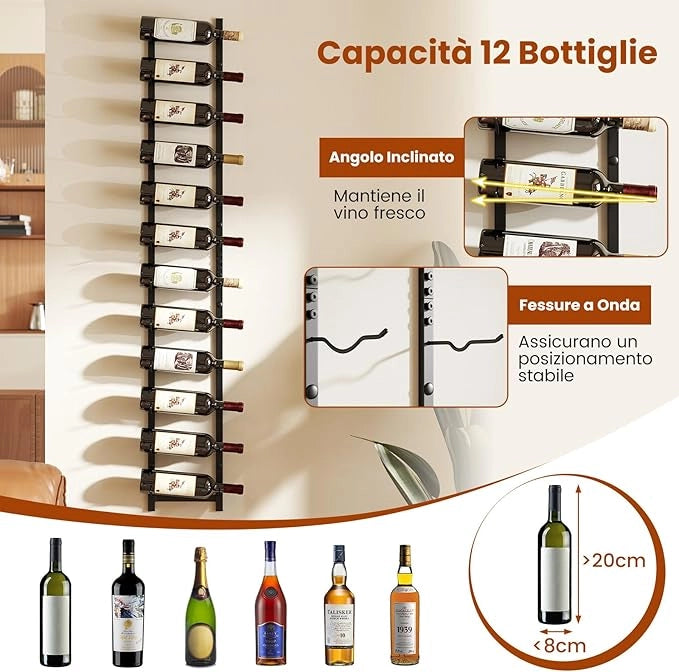 Portabottiglie Vino da Parete, Cantinetta Vino da Parete per 6/9 / 12 Bottiglie, Porta Bottiglie di Vino da Parete in Metallo per Cucina, Sala da Pranzo, Cantina, 22 x 13,5 x 145 cm, Black
