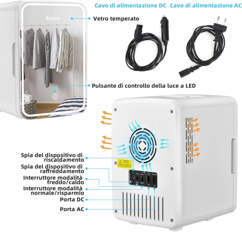10 L Mini Frigo Portatile 220 V AC/12 V DC con Specchio LED per Prodotti di Bellezza, Bevande, Frigo Termostatico e Riscaldamento per Auto, 23 x 28 x 34 cm