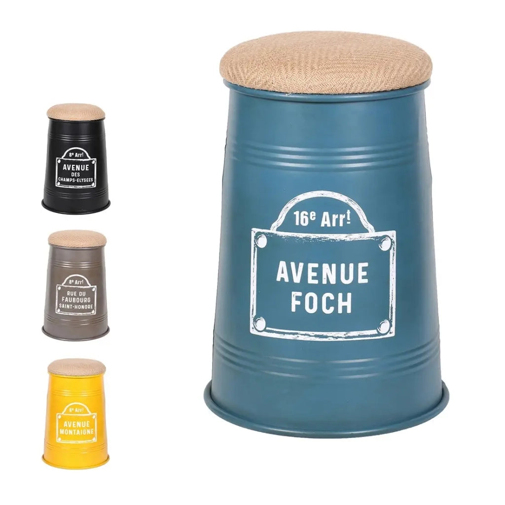 Set di 4 sgabelli pouf conici in stile industriale, collezione PARIS - Colori nero, giallo, grigio e blu.