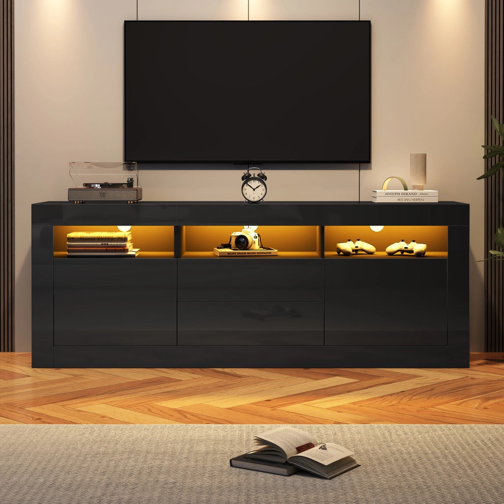 Mobile TV lucido nero 160¡Á35¡Á60 cm con 3 vani aperti, 2 ante, 2 cassetti e LED Bluetooth