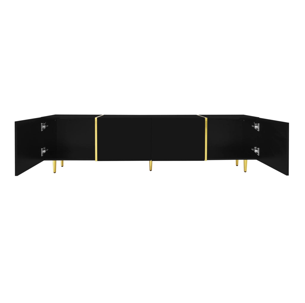 Mobile TV ULEVR 170x35x46 cm con 4 ante e cerniere soft-close, MDF nero lucido con dettagli oro