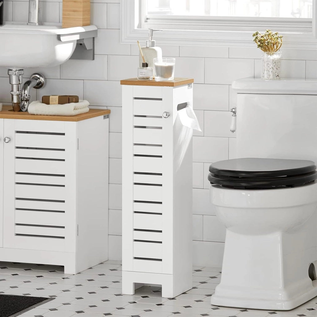 Armadio da Bagno Stretto – Mobiletto Salvaspazio in Legno – Porta Rotolo Freestanding per WC, Mobile da Bagno Resistente all'Umidità, Bianco-Naturale, 20x75x18 cm, BZR85-W