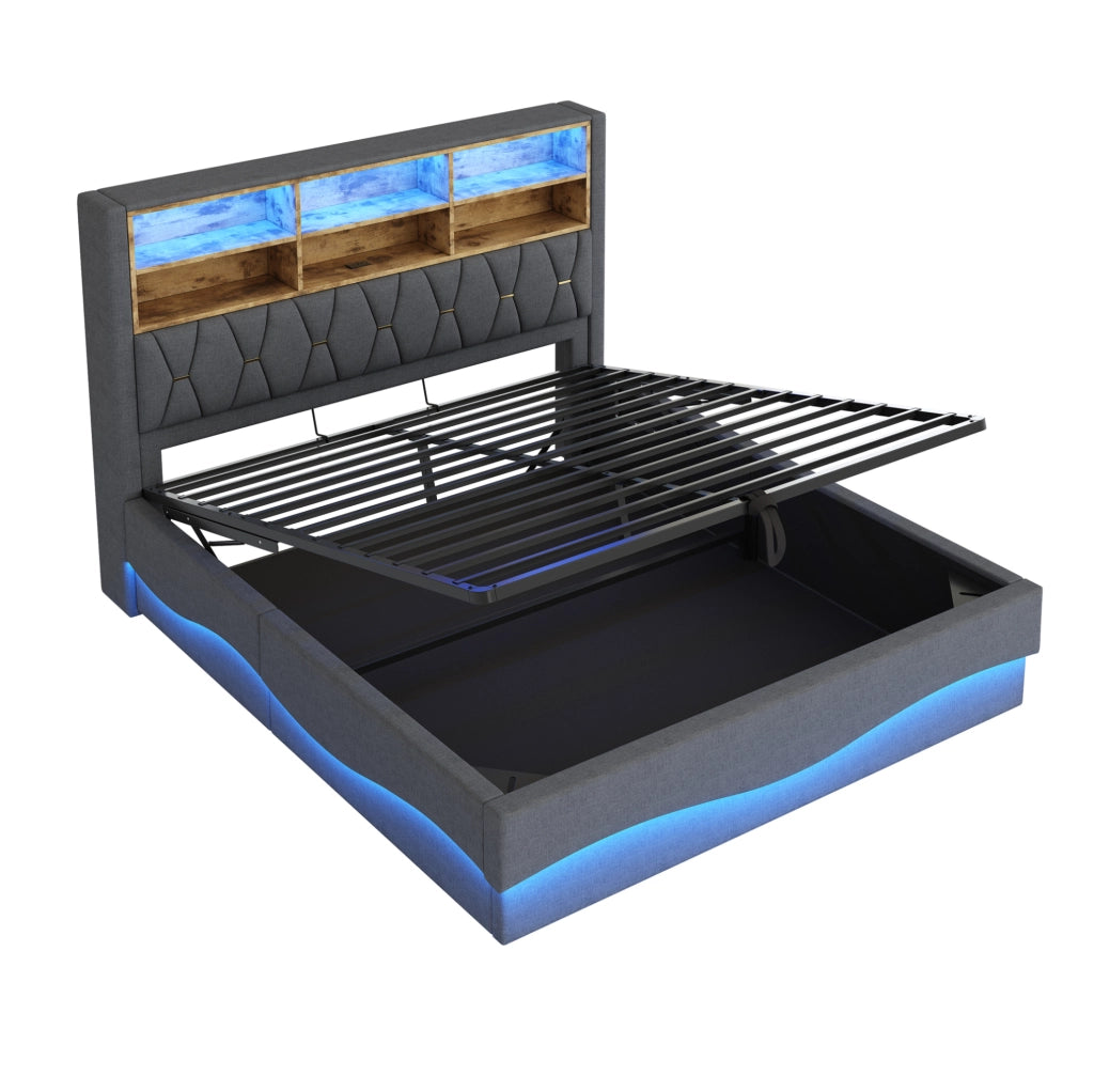 Letto imbottito 180x200 cm con contenitore; LED e USB in lino e ferro grigio