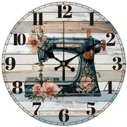Macchina da cucire da 30 cm in stile retro, alimentata a batterie, silenziosa, senza tic, orologio decorativo a forma rotonda con motivi floreali per ufficio, casa, cucina