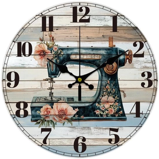 Macchina da cucire da 30 cm in stile retro, alimentata a batterie, silenziosa, senza tic, orologio decorativo a forma rotonda con motivi floreali per ufficio, casa, cucina