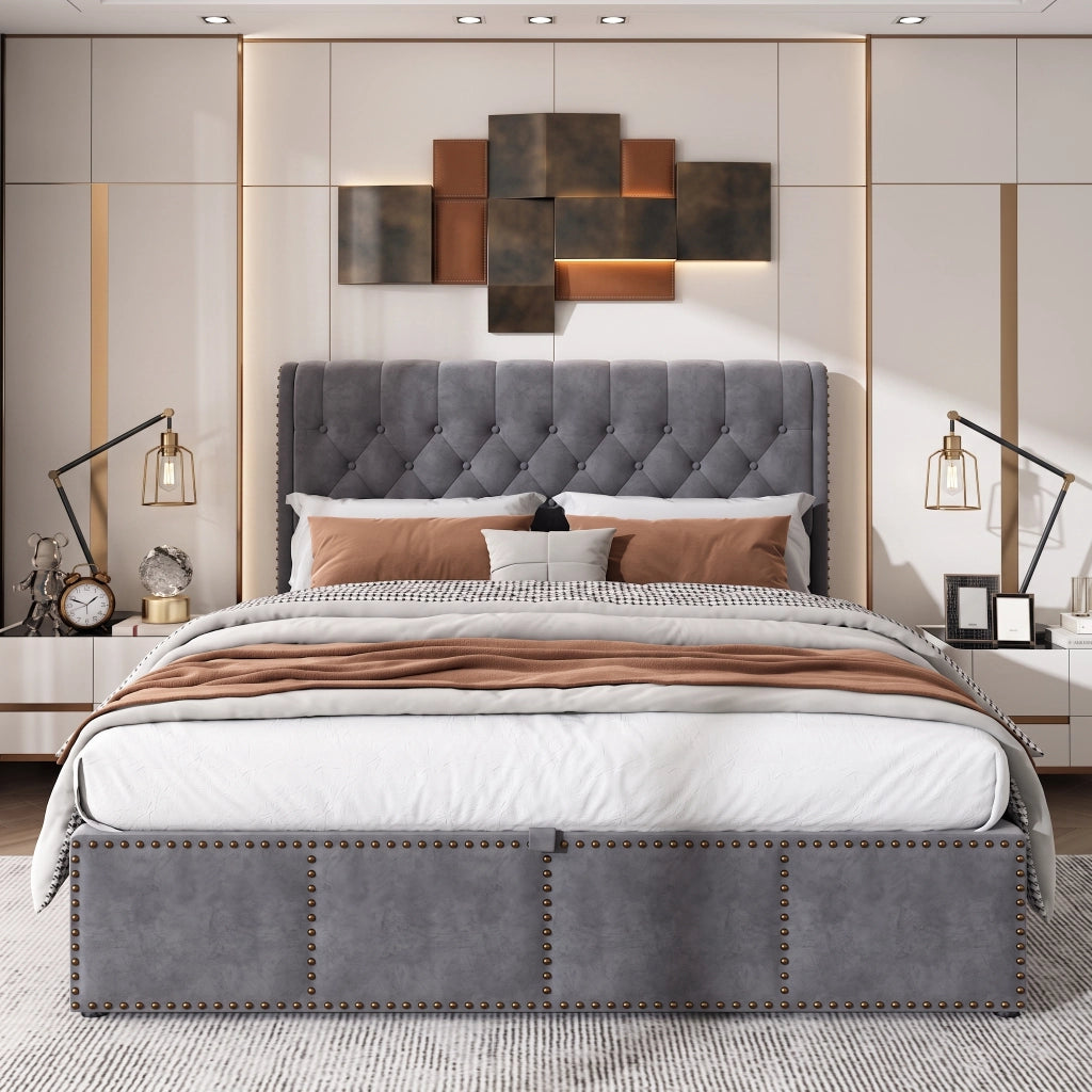 Letto matrimoniale contenitore 160x200 cm con testiera imbottita vano contenitore idraulico rete a doghe e borchie in velluto-grigio