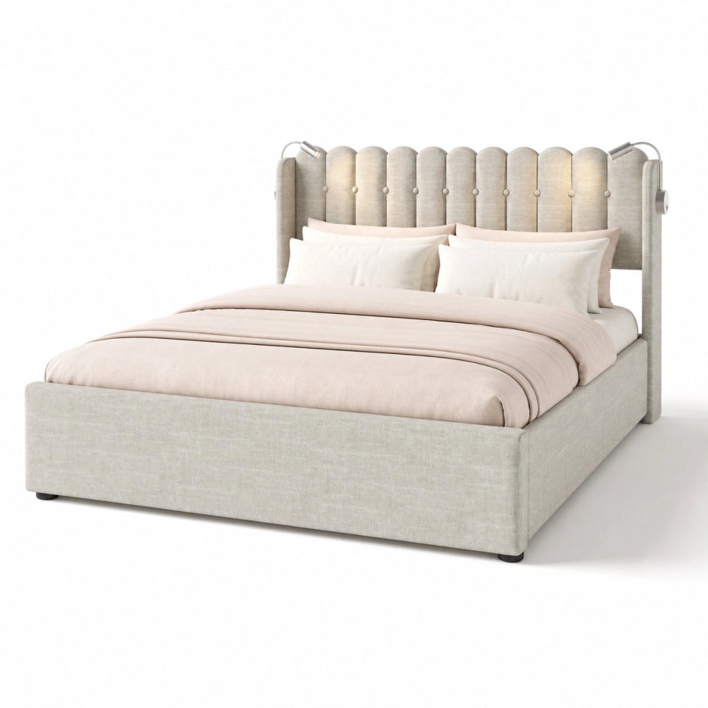 Letto contenitore 140x200 cm in lino naturale con testiera; luce da lettura e ricarica USB