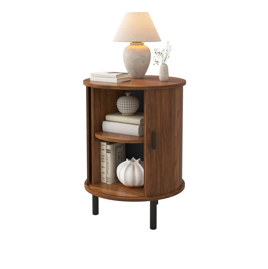Mobiletto rotondo 48x48x65 cm in MDF e truciolare noce con contenitore
