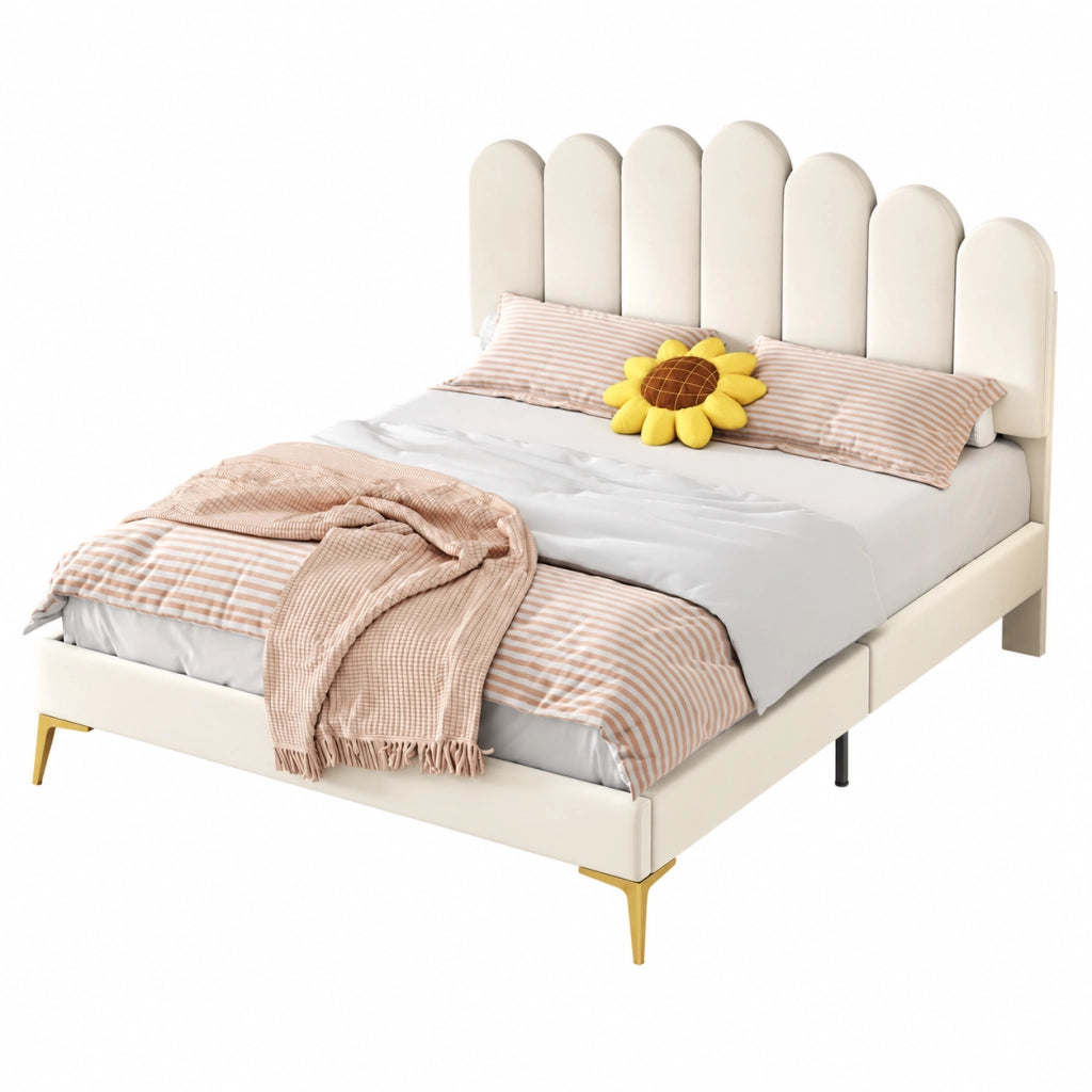 Letto matrimoniale 140x200 cm testiera regolabile in MDF e velluto beige (Senza materasso)