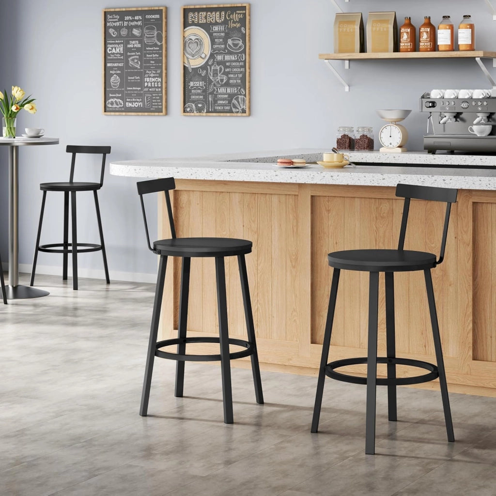 Sgabelli Cucina Set di 2, Sgabelli da Bar per Colazione, con Poggiapiedi e Schienale, Struttura in Metallo, Nero