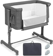 Culla Neonato Fianco Letto 3 in 1, Lettino Dondolo Neonati con Materasso, Culla da Campeggio con Ruote e Borsa, Regolabile In Altezza, Inclinazione di 10°, per Bambini 0-6 Mesi (Grigio Scuro)