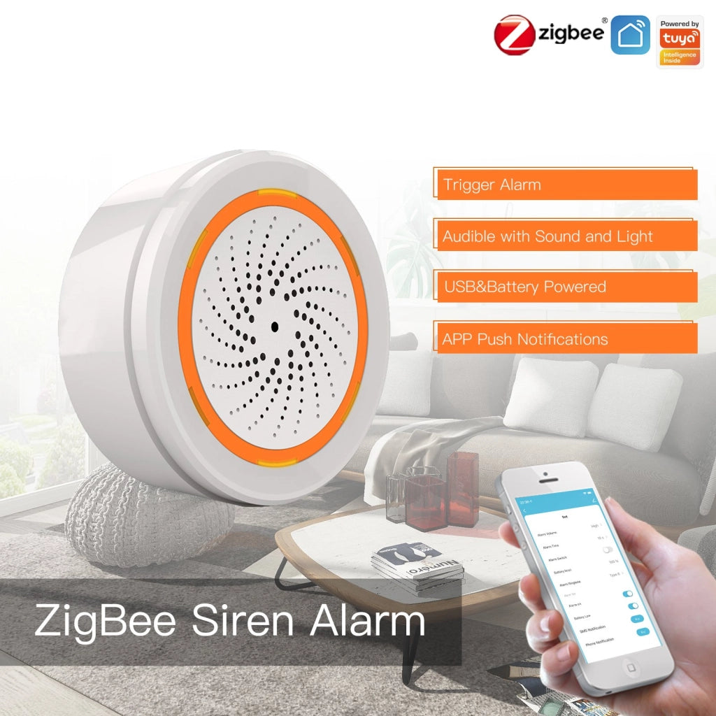 Sirena Allarme ZigBee Protocollo ZigBee 3.0 TUYA, Smart Life, Sonoro e Visivo, 5V 1A IP20,68X68X33mm