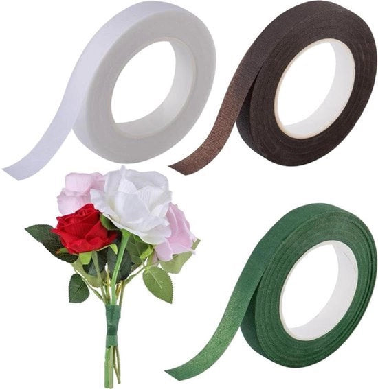 Tape di carta per fiori - Crepatura per decorazione - 3 rotoli - Verde scuro Bianco Marrone - Imballo per bouquet di nozze - Decorazione per fioristi - Progetti decorativi - Adatto per la decorazione dei fiori - 27m x 12mm