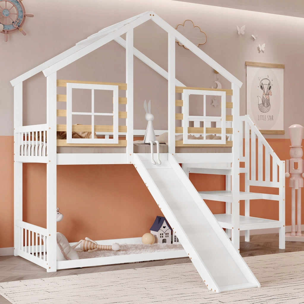 Letto a castello in legno bianco - Xylo - 90x200 con finestra