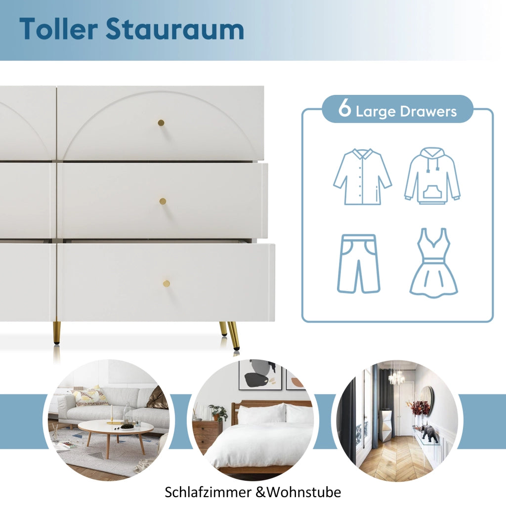 OKWISH Comò con 6 Cassetti e Piede Centrale Regolabile, per Camera e Soggiorno, in Legno e Metallo, 120 x 40 x 85 cm