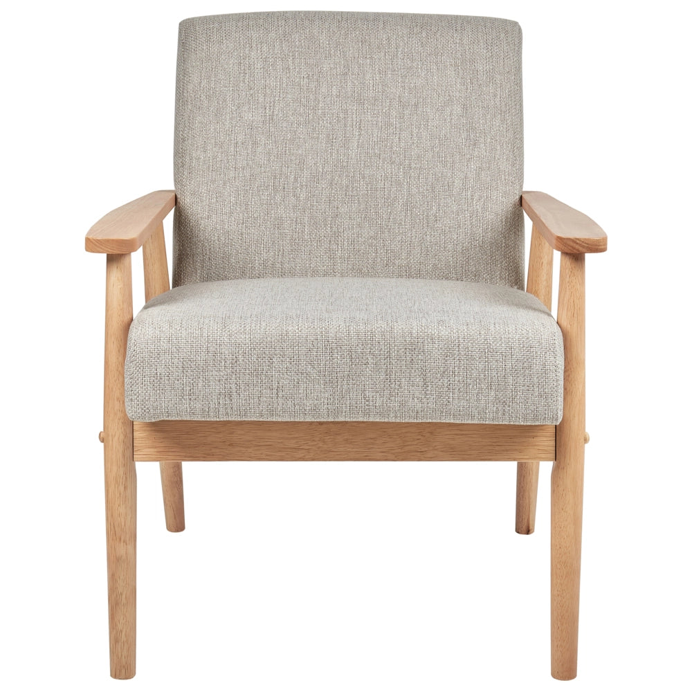 Poltrona da salotto con rivestimento in tessuto grigio con struttura in legno stile retrò