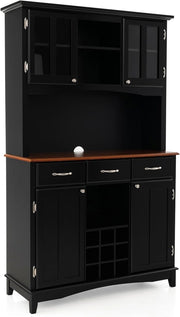 Credenza Alta da Cucina, Armadietto Dispensa con 3 Cassetti e 4 Armadi a Ante e Portabottiglie per 9 Bottiglie, Mobile Buffet per Soggiorno, Sala da Pranzo, 112 x 43 x 184,5 cm (Nero)