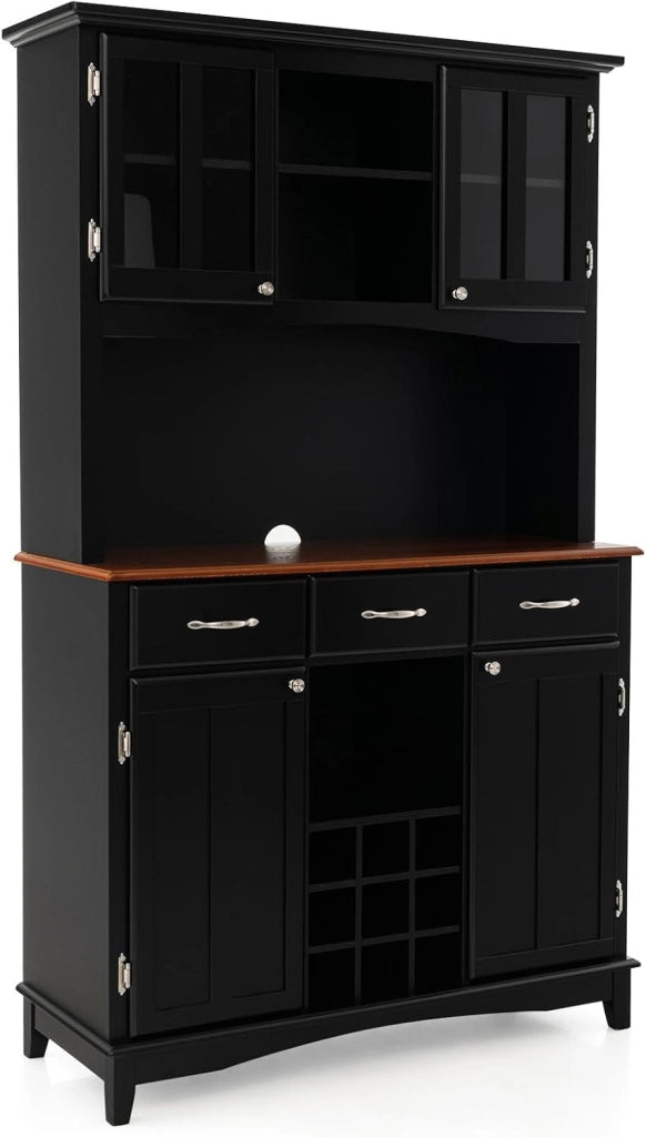 Credenza Alta da Cucina, Armadietto Dispensa con 3 Cassetti e 4 Armadi a Ante e Portabottiglie per 9 Bottiglie, Mobile Buffet per Soggiorno, Sala da Pranzo, 112 x 43 x 184,5 cm (Nero)