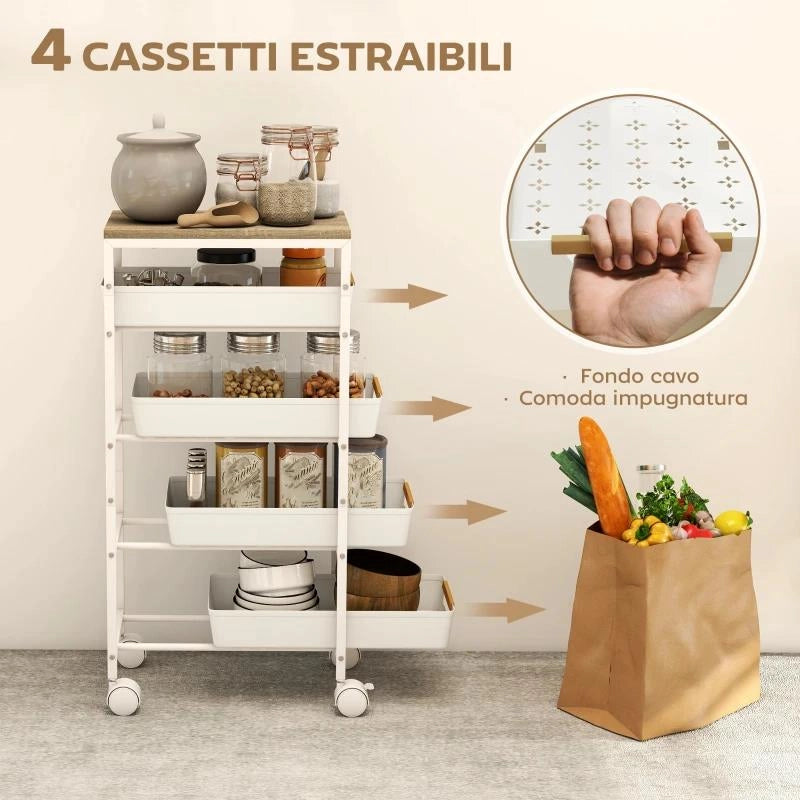 CARRELLO DA CUCINA A 5 LIVELLI CON 4 CESTI ESTRAIBILI, IN METALLO, PP E LEGNO, 39.5X24X82 CM, BIANCO E ROVERE