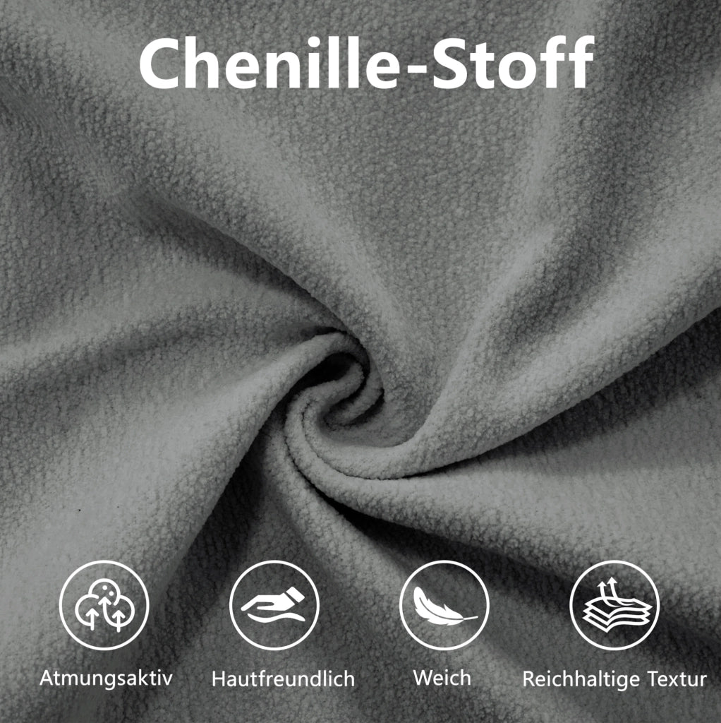 Divano modulare in chenille grigio con 2 pouf; 2 cuscini lombari e 2 cuscini decorativi