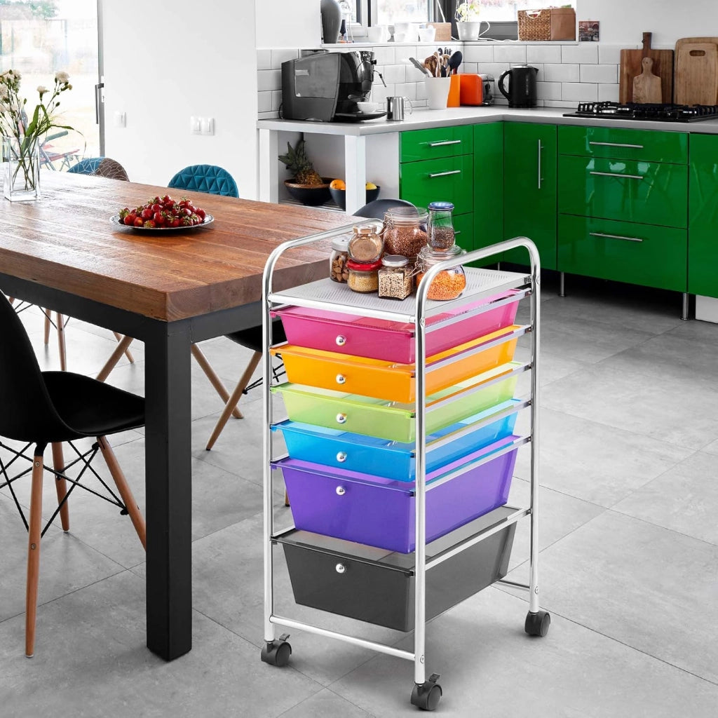 Carrello con 6 Cassetti, Portaoggetti Multistrato, Carrello da Stoccaggio a 6 Ripiani, Contenitore con Ruote, Scaffale Mobile Salvaspazio, 32x37x74 cm, Colorato