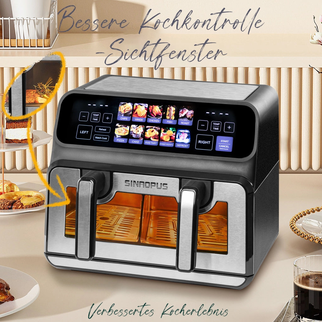 Friggitrice ad aria a doppia camera da 9 litri ¨C Potenza elevata di 2200 W, finestra di visualizzazione, display a LED a colori, cestelli singoli e do