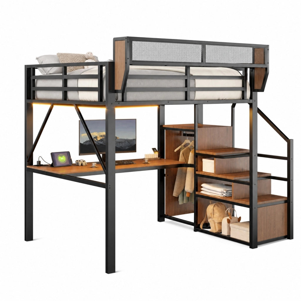Letto a Soppalco 140x200 cm, LED, Scrivania, Mensole, Scala di Sicurezza - Nero