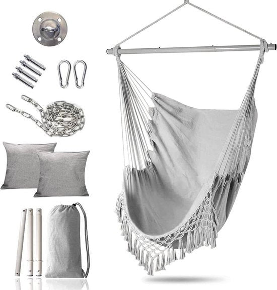 Sedia da Parete Oscillante Portatile con 2 Cuscini, Barra di Supporto in Metallo Rimovibile e Tasca Laterale - Ideale per Utilizzo Indoor e Outdoor in Patio, Camere da Letto o Stanza delle Ragazze (Grigio)