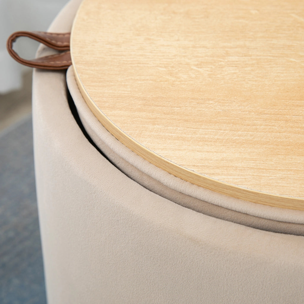 Pouf rotondo imbottito con contenitore e coperchio reversibile Ø44 x 47,5 cm, beige, effetto velluto