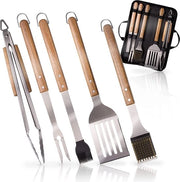 Accessori per barbecue 5 pezzi in acciaio inossidabile manici in legno extra lungo con 4-in-1 spazzola per barbecue, spatola, forchetta e pennello per olio e spazzola per griglia