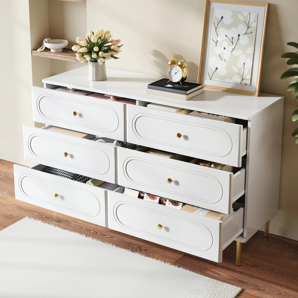 Credenza 120 x 40 x 75 cm bianca in MDF e truciolare， 6 cassetti