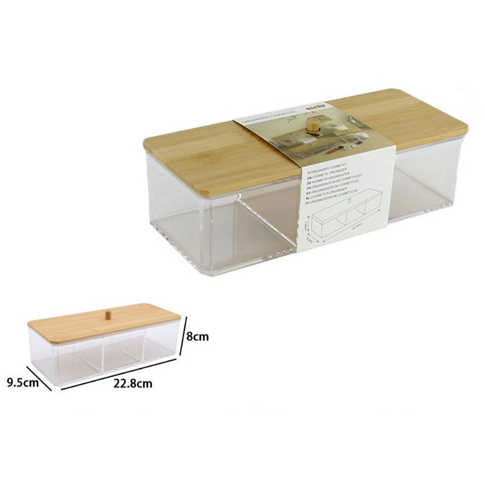 Trade Shop - Contenitore Organizer Per Cosmetici A 3 Scomparti Trasparente Con Coperchio In Legno 10827 -