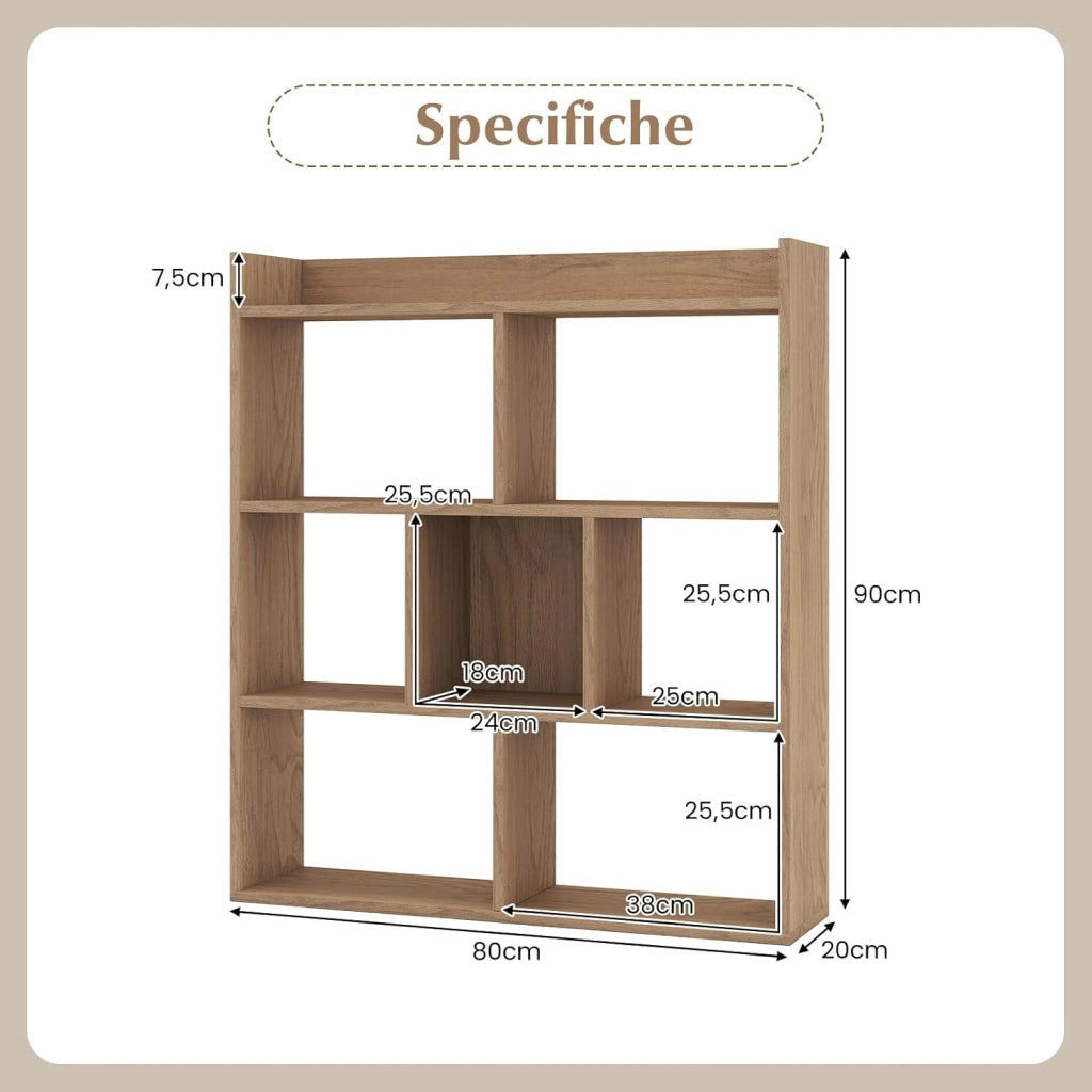 Libreria a Cubi con 7 Scomparti, Mensola Espositiva per l'Archiviazione, Libreria in Legno con Dispositivi Anti-Ribaltamento, per Studio Soggiorno, 80x20x90 cm (Naturale)