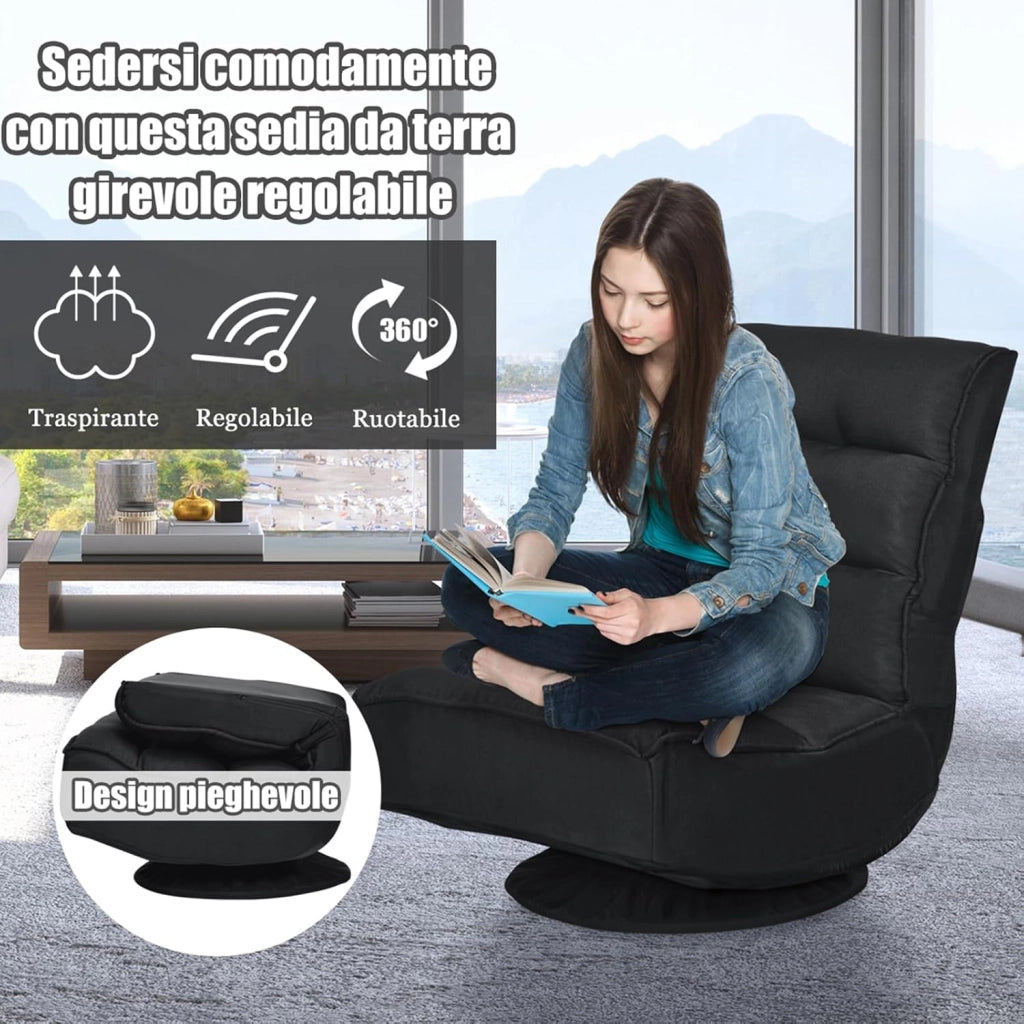Poltrona Relax da Terra Pieghevole Reclinabile Girevole, Poltrone da Divano per Studio Salotto, con Schienale, Ottima per Rilassarti (Nero)