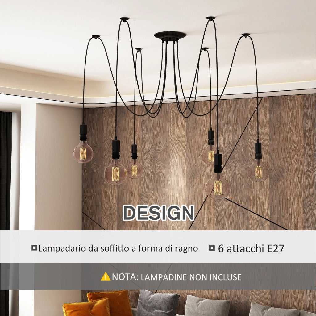Easycomfort Lampadario Moderno a Sospensione Forma di Ragno, 6 Luci e Braccia Regolabili in Altezza, per Casa e Ufficio, Nero