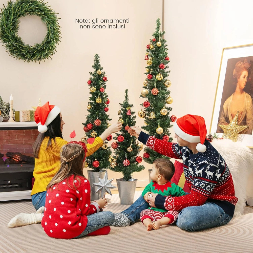 Set di 3 Alberi di Natale Artificiali da 90 CM + 120 CM + 150 CM, Alberi di Natale Slim con 120 + 140 + 160 Punte di Ramo e Basi in Metallo Riempite di Cemento, Decorazione Natalizia Interna