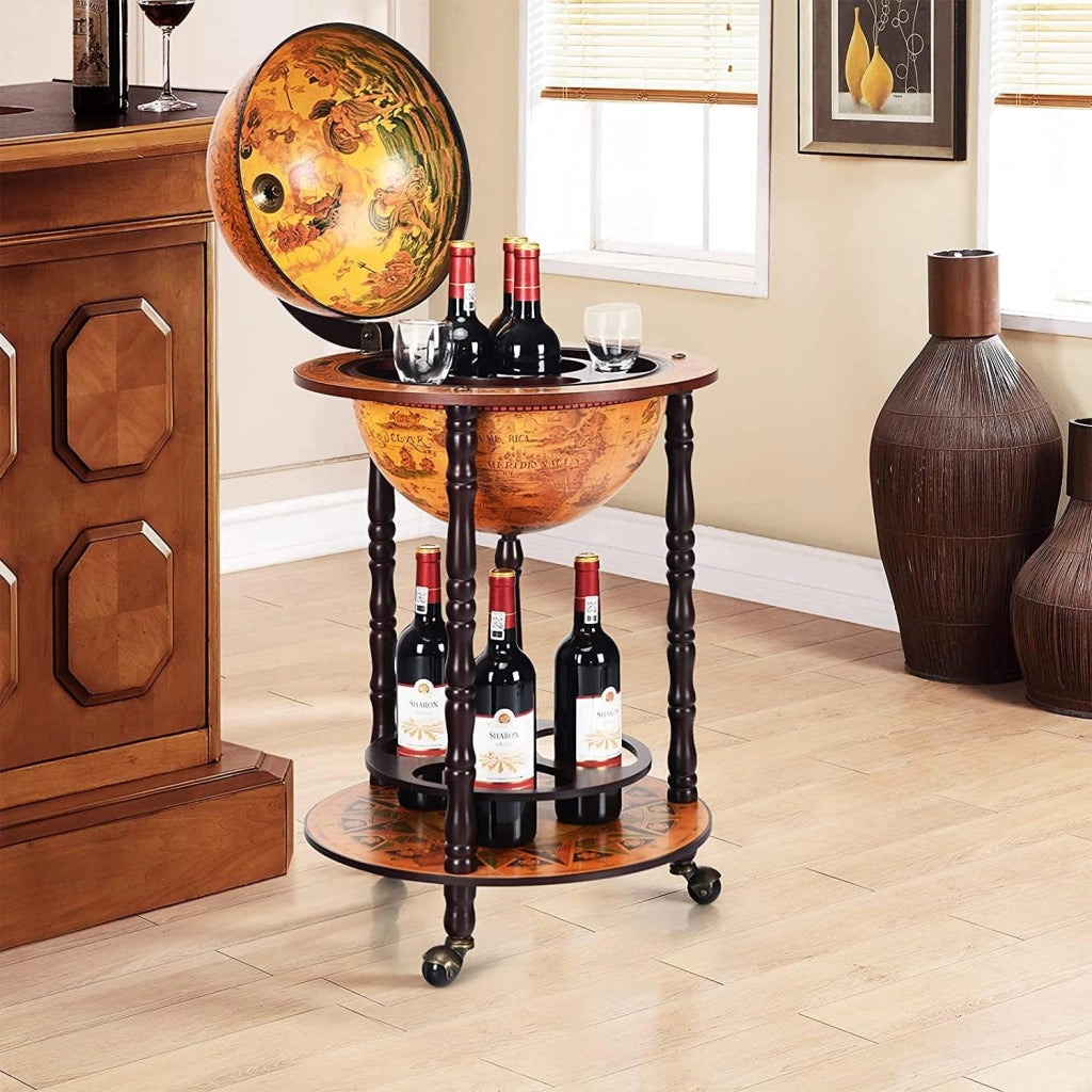 Mappamondo Bar con Ruote Mobile Porta Liquori, con Stile Retrò (Marrone 47 x 47 x 90 cm)