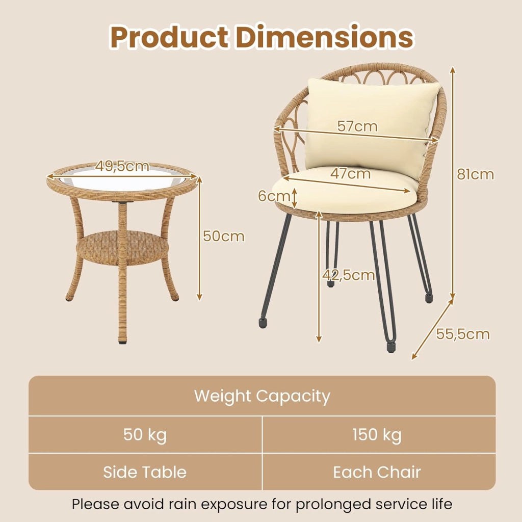Set di Mobili da Giardino in Rattan, Set da Balcone 3 Pezzi per 2 Persone con Cuscini per Seduta e Schienale, Vetro Temperato e Rattan PE, Mobili da Esterno per Terrazza e Giardino