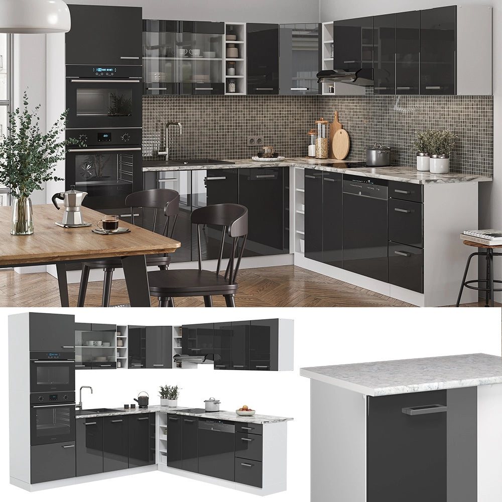 Cucina angolare completa R-Line Antracite lucido/Bianco 247 x 237 cm, PL Rovere Vicco