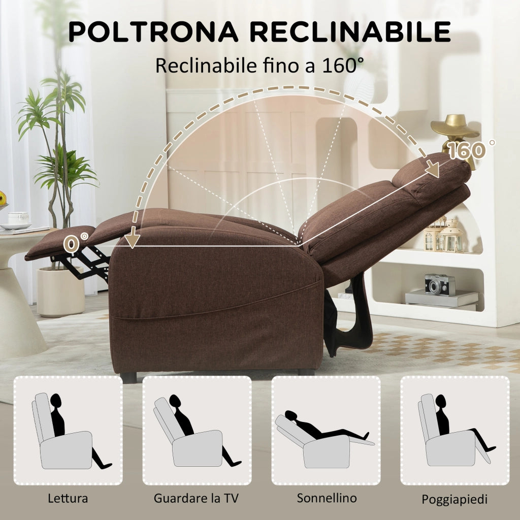 Poltrona Relax Reclinabile con Poggiapiedi ¨C Xylo ¨C Tessuto Effetto Lino Marrone 69x85x100 cm