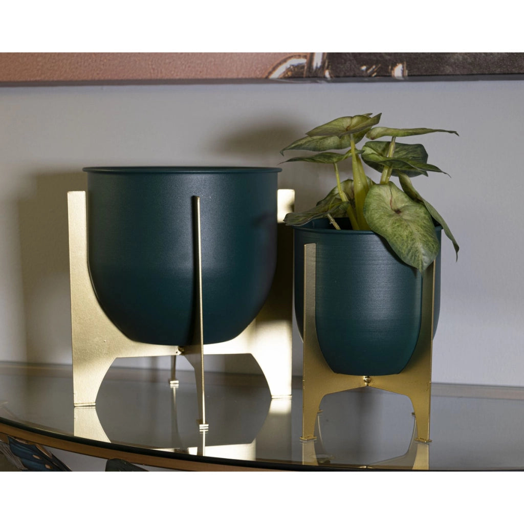 Set di 2 Vasi per Piante VKH396, Verde, Metallo, 24,5x24,5x2 cm